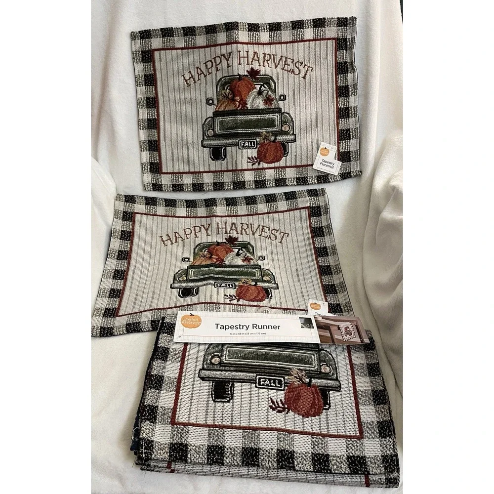 Fall Tapestry Placemats Happy‎ Harvest Truck Pumpkins Matching Table Runner